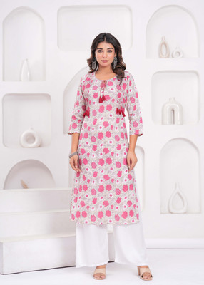 MEERANSHI LIVING Women Floral Print Straight Kurta(Light Green)