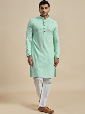 ANOUK Men Geometric Print Straight Kurta(Light Green)