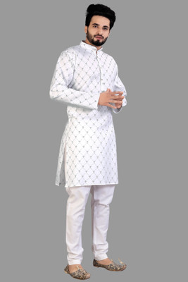 Madhav Mishri Men Self Design Straight Kurta(White)