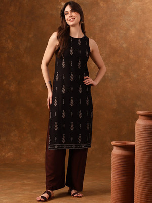ANOUK Women Printed Straight Kurta(Black)