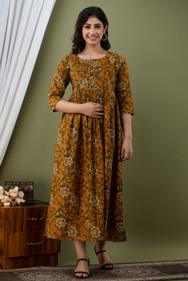 ADRTA Women Floral Print Anarkali Kurta(Yellow)