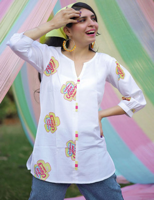 Anmi Printed Women A-line Kurta(White)