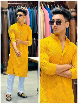 DIAMOND CLUSTER Men Embellished Straight Kurta(Yellow)
