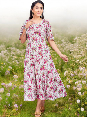 jya Women Floral Print Ethnic Dress Kurta(Purple)