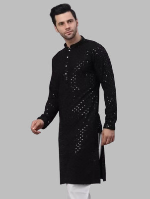 Shree Dutt Creation Men Chikan Embroidery Straight Kurta(Black)