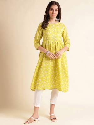 Fabclub Women Printed Flared Kurta(Light Green)