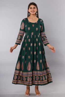 THE FABTASTICS Women Printed Flared Kurta(Green)