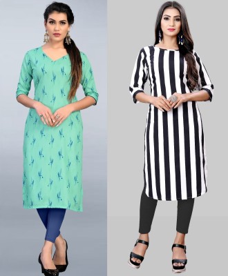 maruti fab Women Striped, Printed A-line Kurta(White, Green)