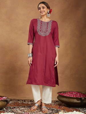 Janasya Women Embroidered Straight Kurta(Maroon)