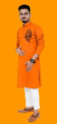 Mamata biswas Men Printed Straight Kurta(Orange)