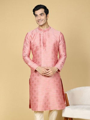 Namaskar Men Printed Straight Kurta(Pink)