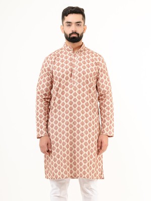 TISTABENE Men Block Print Straight Kurta(Red, Beige)