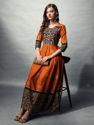 ARADHNA Women Printed Anarkali Kurta(Orange)