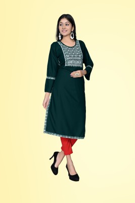 HouseOfCommon Women Embroidered Straight Kurta(Dark Green)