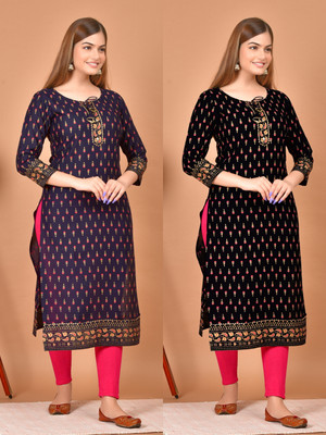 Avnigarments Women Printed, Embroidered A-line Kurta(Dark Blue, Black)
