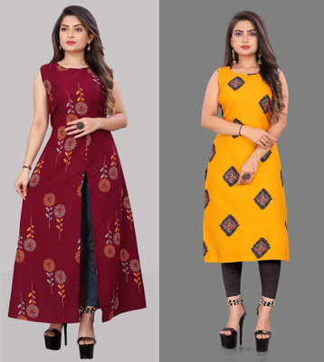 tanvi creation Women Printed Straight Kurta(Maroon, Yellow)