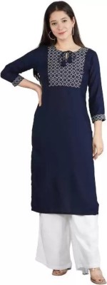 FAWLKN Women Embroidered Straight Kurta(Blue)