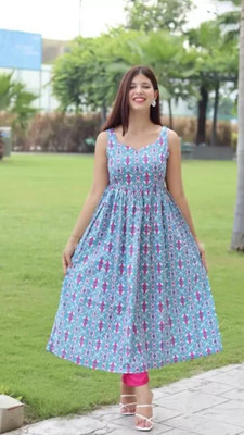 Galbaliya Women Printed A-line Kurta(Light Blue)