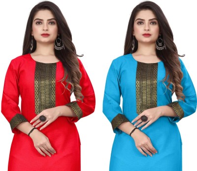 HF HOLYDAY FASHION Women Woven Design Straight Kurta(Red, Light Blue)