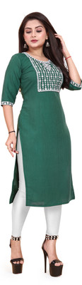 WOMENSILK Women Embroidered A-line Kurta(Green)