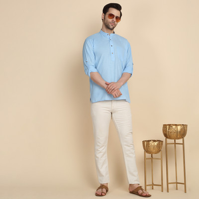 kraft india Men Solid Straight Kurta(Light Blue)