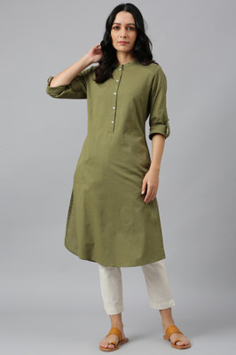 W Women Solid Straight Kurta(Green)