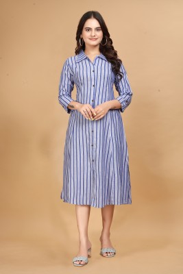 Eightone Women Printed A-line Kurta(Dark Blue)