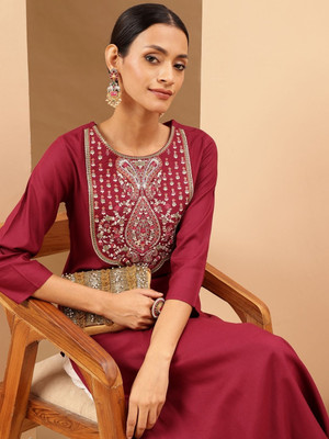 Janasya Women Embroidered Straight Kurta(Purple)