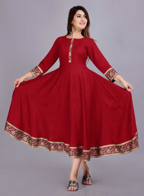 RA CREATION Women Printed Flared Kurta(Maroon)