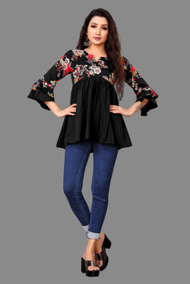 RUDRA TIMES Women Self Design A-line Kurta(Black)