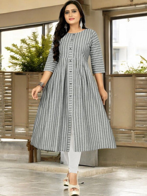 Ladylaz Women Striped Straight Kurta(Grey)