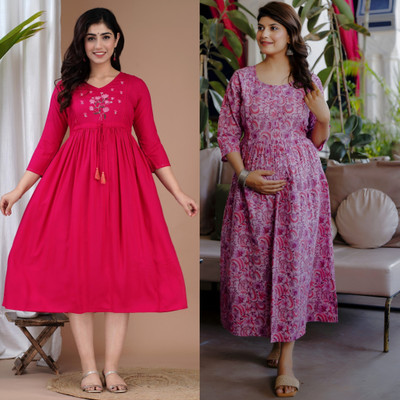 simran Women Printed, Embroidered Anarkali Kurta(Pink, Brown)