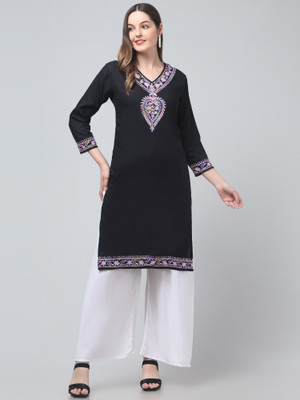 FamBee Women Embroidered Straight Kurta(Black)