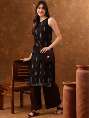 Brown Era Women Printed Straight Kurta(Black)