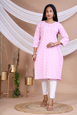 Muslin Women Printed Straight Kurta(Light Green)