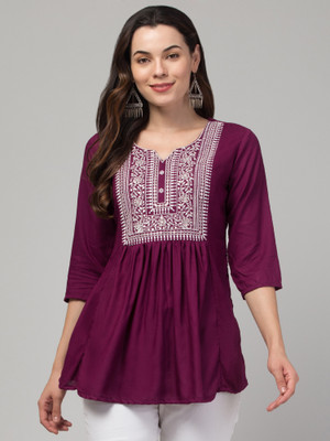 CROWN KING GARMENTS Women Embroidered Flared Kurta(Purple)