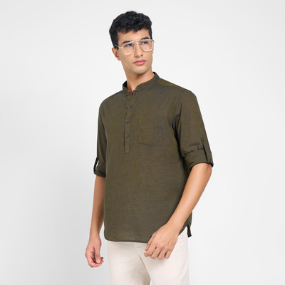 Indus Route by Pantaloons Men Solid Straight Kurta(Green)