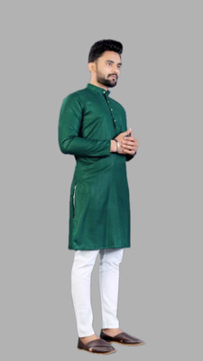HouseOfCommon Men Solid A-line Kurta(Dark Green)