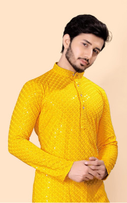 Shree Dutt Creation Men Chikan Embroidery Straight Kurta(Yellow)