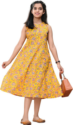 DMP FASHION Girls Floral Print Flared Kurta(Yellow)
