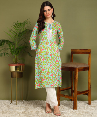 Kapad Dwar Women Printed A-line Kurta(Green)