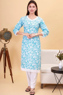 SMEnterprises Women Printed Straight Kurta(Blue, White)