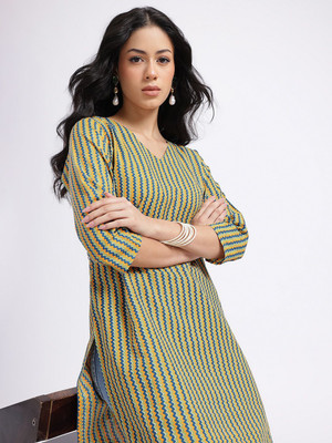Anouk Rustic Women Striped Straight Kurta(Green)