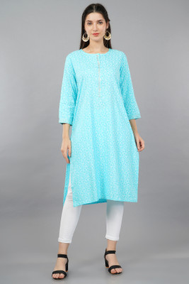 shruthi Women Floral Print Straight Kurta(White, Light Blue)