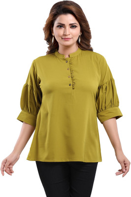 Anmi Green Poly Crepe Office Wear Short Tunic Top Solid Women Straight Kurta(Green)