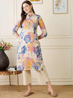 ANOUK Women Floral Print Straight Kurta(Beige)