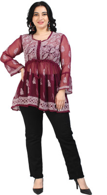 Nazaqat Women Chikan Embroidery A-line Kurta(Red)