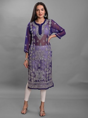 Apratim Women Embellished Straight Kurta(Dark Blue, White)