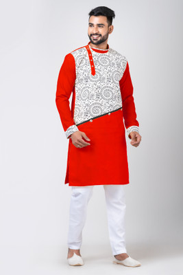 Rainbow Cloths Men Printed Straight Kurta(Red)
