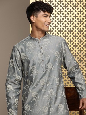 House of Pataudi Men Printed Straight Kurta(Grey)